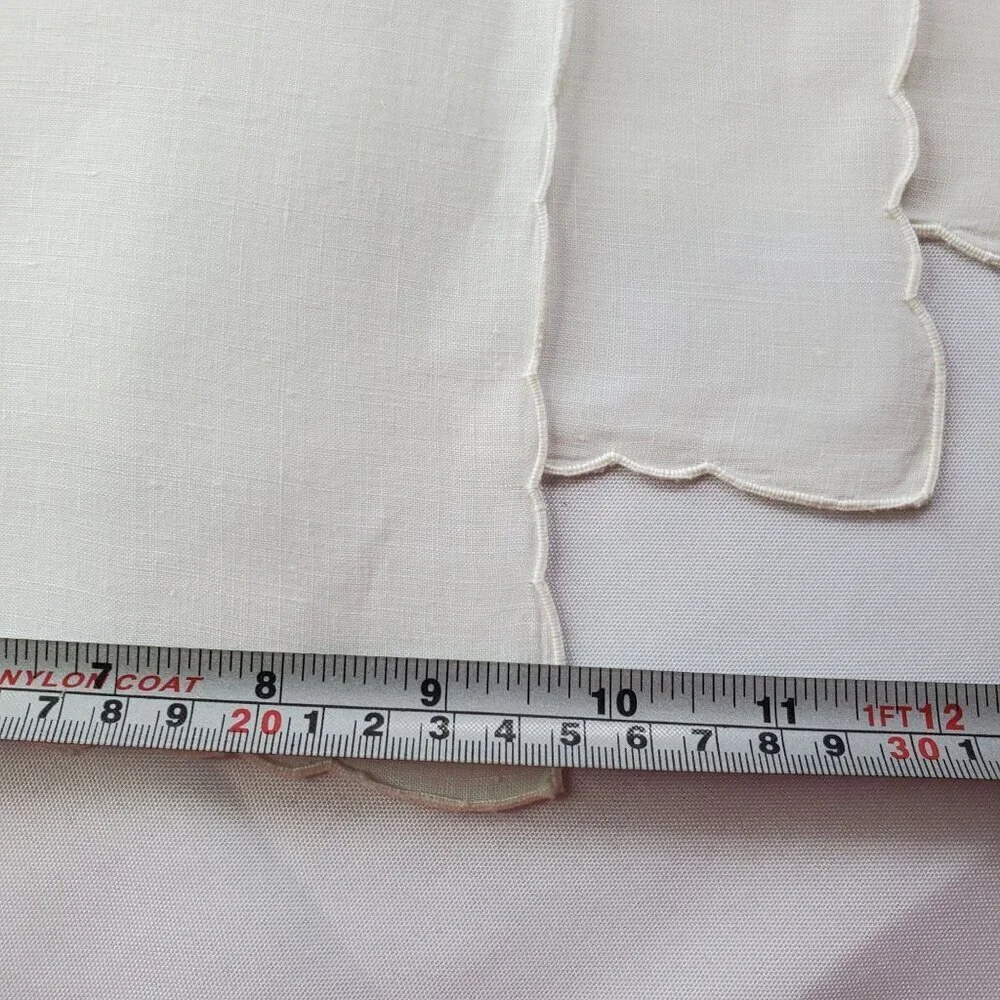6 VTG Linen Embroidered Scalloped Edge Cocktail Napkins White Floral appliqué